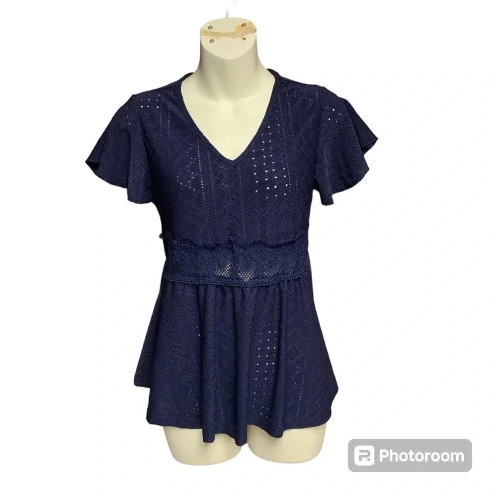 Shein Blue Blouse Size Small Ruched Waist And Cute Cutouts Semi Sheer